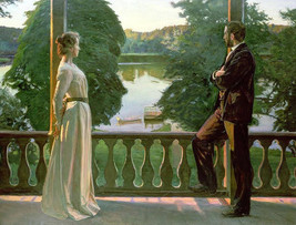 Perfect oil painting portraits young couple standing by lake in summer dusk 36&quot; - £60.26 GBP