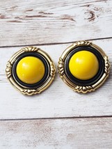 Vintage Clip On Earrings Large Statement Yellow with Gold Tone &amp; Black Halo - £12.78 GBP