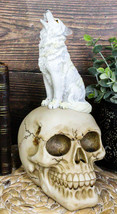 Gothic Full Moon Howling White Wolf Sitting On Graveyard Macabre Skull Figurine - £23.97 GBP
