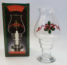 Ribbon &amp; Holly Clear Glass Hurricane Lamp Taper Candle Holder 7.5&quot; - $20.00