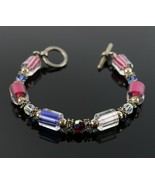 Vintage .925 Sterling Silver Colorful Art Glass Bead Rhinestone Bracelet... - £18.87 GBP