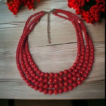 Women Necklace Multi Layered Red Bead Jewelry 16&quot; Short Length Plastic C... - £14.94 GBP