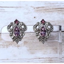 Vintage Clip On Earrings Silver Tone &amp; Pink &amp; Purple Gems Ornate - $17.99