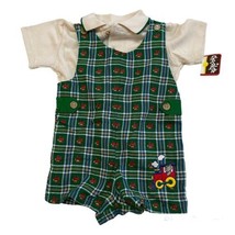 B.T. Kids 2 Pce Teddy Bear Romper with Train Embroidery Set Green Beige 12 Month - £13.97 GBP