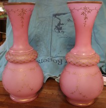 2 Vintage large hand blown pink and gold Opaline Satin Vases with gold a... - £149.06 GBP