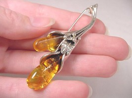 (pin64-9) Amber Orange Tear Drop Poland .925 Sterling Silver Pin Brooch Jewelry - £54.84 GBP