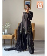 &quot;Black Farsi Pajama Set for Women, Silk Top Bottom and Dupatta, Embroidered - $55.00