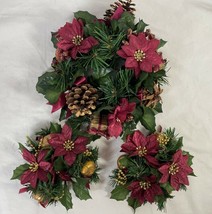 3 Christmas/Holiday Poinsettia Wreaths/Candle Holders, 2 are 5&quot; &amp; 1 is 9... - $16.00