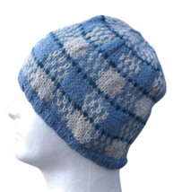 Mens Checkers Fair Isle Beanie Hat Handmade Knit Alpaca Wool Nordic Blue... - £40.45 GBP