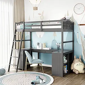 Merax Twin Size Loft Bed with Desk, Wooden Loft Bed Frame with Drawers, ... - $1,016.99