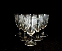 EAPG Glass Plain Water Goblets with Etched Fern Leaves &amp; Bows ~ Set of 6 - $42.56