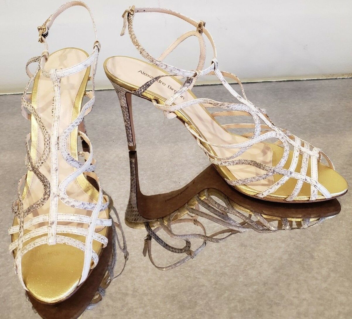ALEXANDRE BIRMAN Gold Snake Embossed Strappy Stiletto Sandals - Size 40 - $189.99