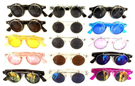 Round Flip Up Sunglasses Clear Circle Lens Retro Steampunk Designer Fashion Vtg - £7.15 GBP