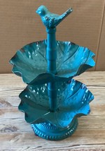 Mini turquoise Solid Blue 2 Tier Metal Tray Garden Birdbath Decoration - £15.03 GBP