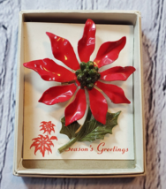 Vintage Red Green Enamel Christmas Poinsettia Flower Pin in Box 2.5 in. 1960/70s - £11.69 GBP