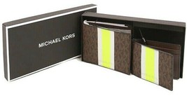 Michael Kors Billfold Wallet Box Set Brown Neon Green Logo 36H1LGFF1B NI... - £41.99 GBP