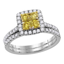 14kt White Gold Canary Yellow Diamond Square Cluster Bridal Wedding Ring... - £1,360.59 GBP