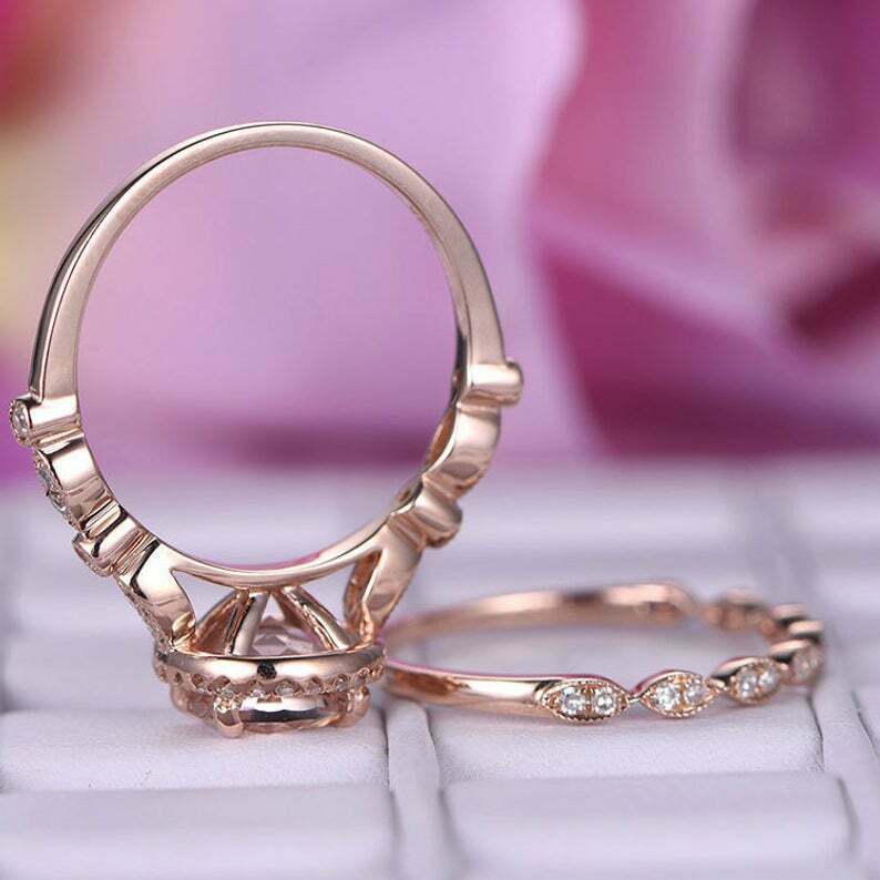 2.60Ct Round Morganite Bridal Set Halo Engagement Ring Solid 14K Rose Gold FiN Item image 3