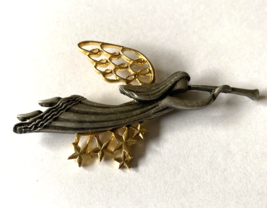 Vintage  Pewter Angel  Pin Brooch  Gold Tone Wings - $12.38