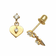 Polished Flat Heart CZ Children Dangle Stud Earrings Screw Back 14K Yellow Gold - £40.12 GBP