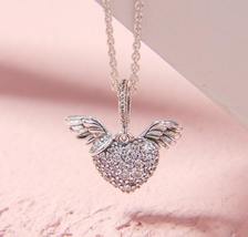 925 Sterling Silver Pavé Heart and Angel Wings Necklace with Clear Zircon - $24.66