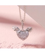 925 Sterling Silver Pavé Heart and Angel Wings Necklace with Clear Zircon - $24.66