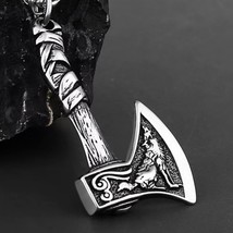 Silver Norse Viking Wolf Raven Axe Pendant Necklace Men&#39;s Jewelry Chain 24&quot; Gift - £9.37 GBP