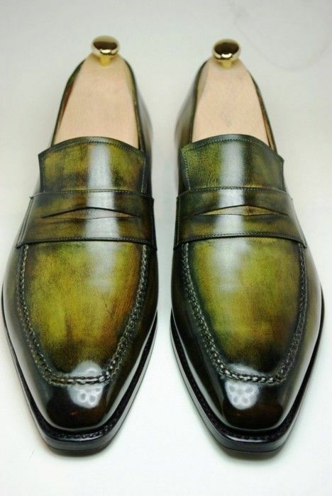 New Men's green patina dress handmde loafers hand colored unique shoes for men