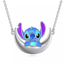 Silver Plated Disney&#39;s Stitch on the Moon Pendant Necklace Choker - £9.61 GBP