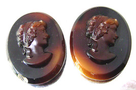 Pair Vintage Tortoise Glass Big Greco Roman Cameos Germany 1960&#39;s NOS - £5.98 GBP