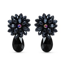Sparkling Prism of Black Crystal Blossom and Teardrop Clip-On Earrings - $20.19