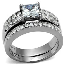 1.25Ct Princess Cut CZ Solitaire With Accent Stainless Steel Wedding Ring Set - £36.79 GBP