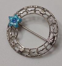 Vintage Sterling Silver With Blue Enamel Flower Round Brooch  - $35.00
