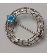 Vintage Sterling Silver With Blue Enamel Flower Round Brooch  - £27.89 GBP