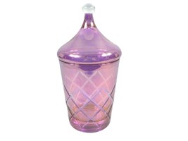 Glass Jar Iridescent Pink Translucent Cut to Clear Diamond Design Vtg 7.5&quot; - £49.81 GBP