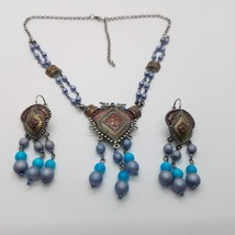 Egyptian Style 17&quot; Necklace Pierced Dangle Earrings Silver Tone Enamel Moonglow - £11.86 GBP