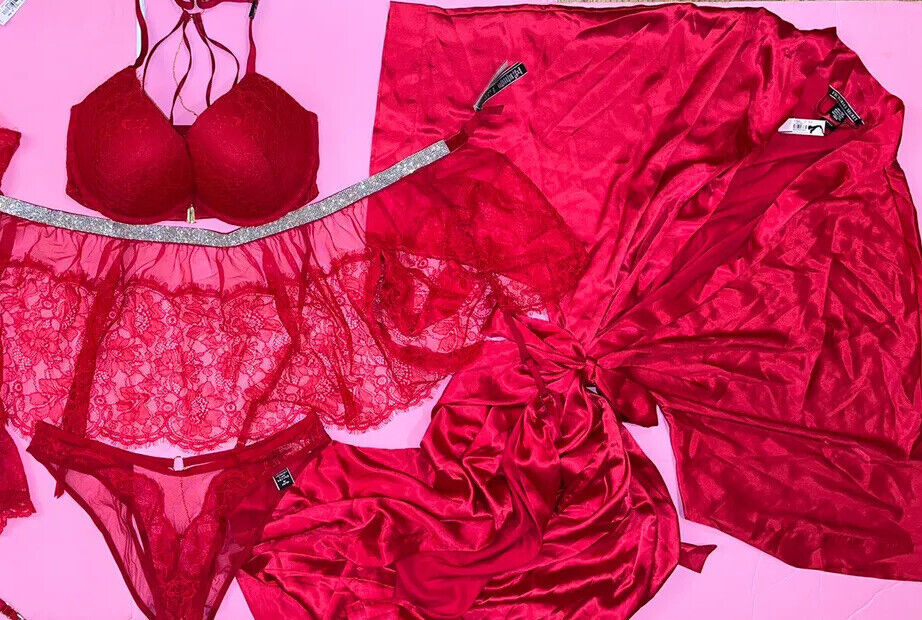 Primary image for Victoria's Secret 34DD BRA SET+L Panty+garter skirt+ROBE RED lace SHINE STRAP