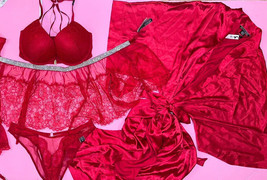 Victoria&#39;s Secret 34DD BRA SET+L Panty+garter skirt+ROBE RED lace SHINE ... - $237.59