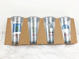 New Lot of 4 RAE DUNN Christmas Holiday Pint Glass Believe Kiss Jolly Peace - £29.59 GBP