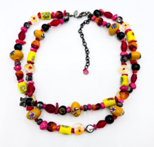 Chico&#39;s Double Strand Red Yellow Orange Art Glass Bead Necklace - £20.22 GBP