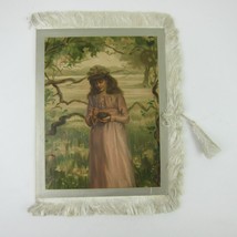 Victorian Valentine Card Girl Holds Bird Nest Silk Fringe 4 Panels Antique 1882 - £47.27 GBP
