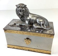 Silver Mirrored Metal Lion Jewelry Trinket Cigarette Cigar Box 6.5” Wide... - $36.47