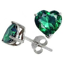 7mm 3.00 Carat 14K Solid White Gold Heart Emerald Stud Earrings Basket - £64.34 GBP