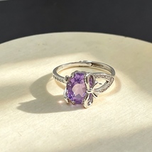 925 Silver Oval Amethyst Bow Ring Purple Crystal 6x9mm Gift for Her Febr... - $29.99