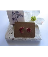 Stud Earrings Moon and Star Silver 925 Red Rhinestones Handcrafted - $15.00