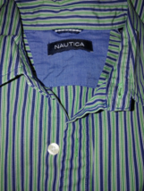 Nautica Men S Ls GREEN/BLUE Striped Cotton Dress SHIRT-M-BARELY Worn - £10.29 GBP