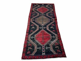 3 X 7 Handmade Wool Tribal Runner Rug Geometric Red Blue Boho Organic Dyes - £379.87 GBP