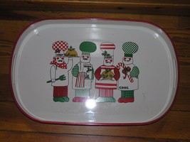 Vintage Large White & Red Lacquer w Christmas Chefs Cooks Oval Tray Platter Made - $10.39