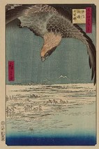 Hawk flying above a snowy Landscape along the coastline. by Utagawa Hiroshige -  - $21.99+