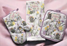 Easter Dish Towel Pot Holder Oven Mitt set of 3 Bunny Peter Cottontail S... - $26.34